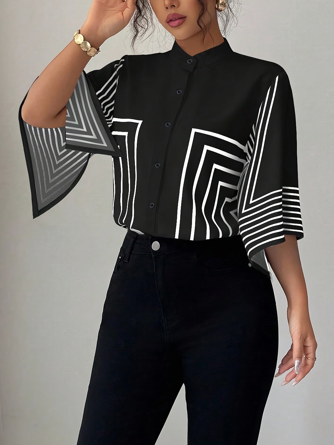 Guy & Dia Plus Size, Women's Oversized Geometric Pattern Collar Blouse - Structured Stand-Up Collar Longline Top with White/Black/Gray/Beige/ Brown, Button Front Closure, Machine Washable Casual to Formal Shirt for Spring/Fall Everyday & Formal Wear