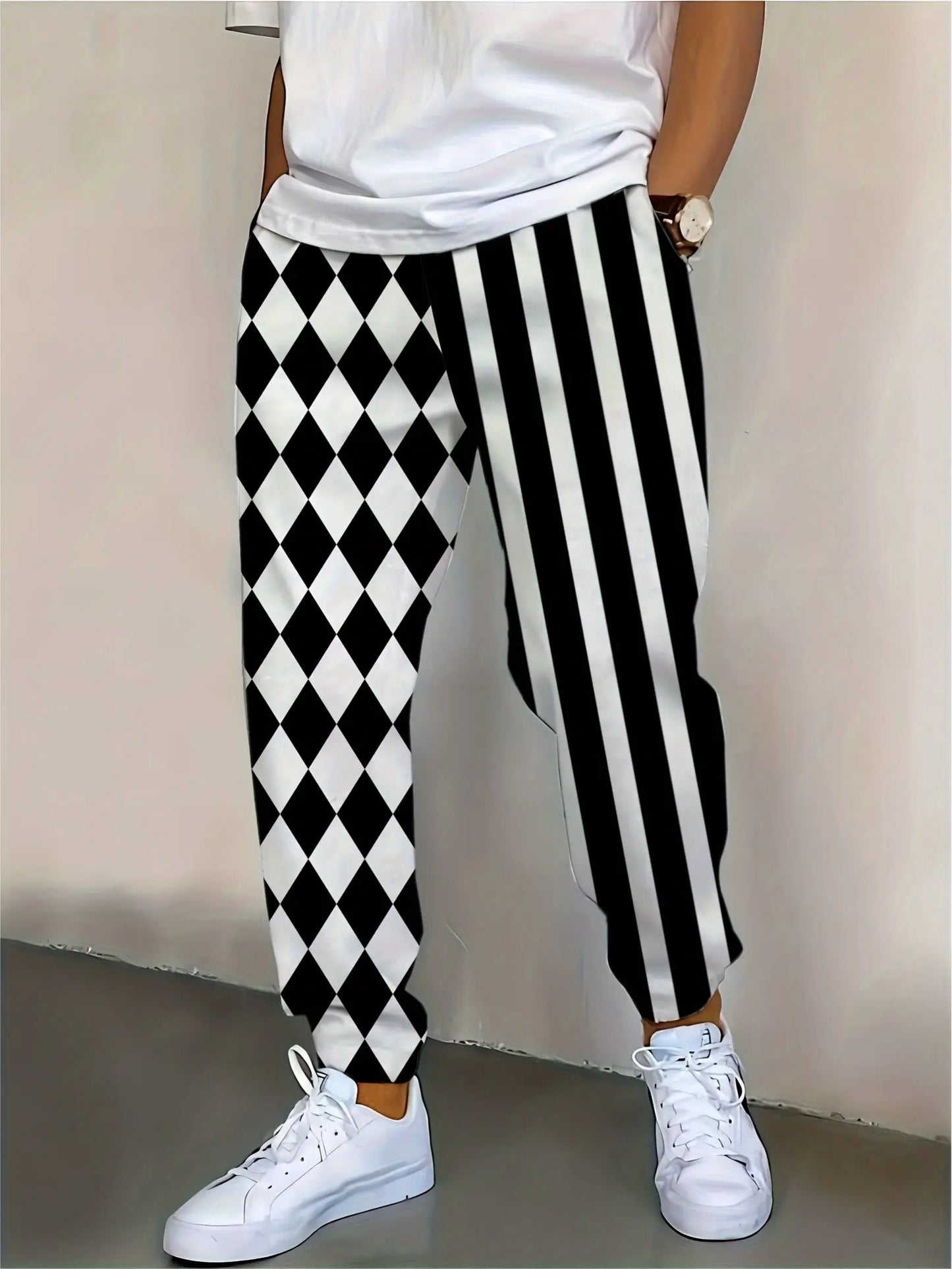 Guy & Dia Men's Black & White Striped Houndstooth Joggers Pants - Full-Body Vertical Stripes (White/Black) with White Piping, Elastic Waist & Cuff, Tapered Leg, Hot Transfer Print, Casual Athletic Pants for Fall/Winter, Parties,