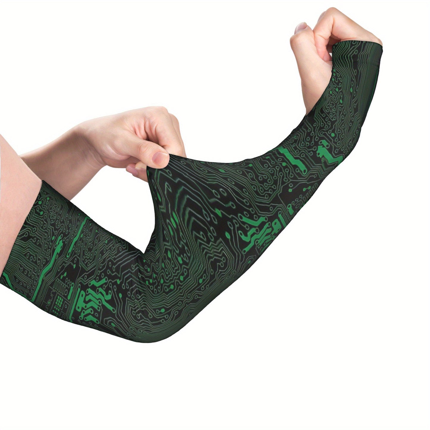 Guy & Dia Circuit Board Connection Printed Sleeve - Tech-Inspired Neon Green & Black Circuit Design, Stretchy Athletic Fit, Breathable Moisture-Wicking Fabric for Sports & Casual Wear, Techthemed Apparel, Cyberpunk Style, Comfortable Fit