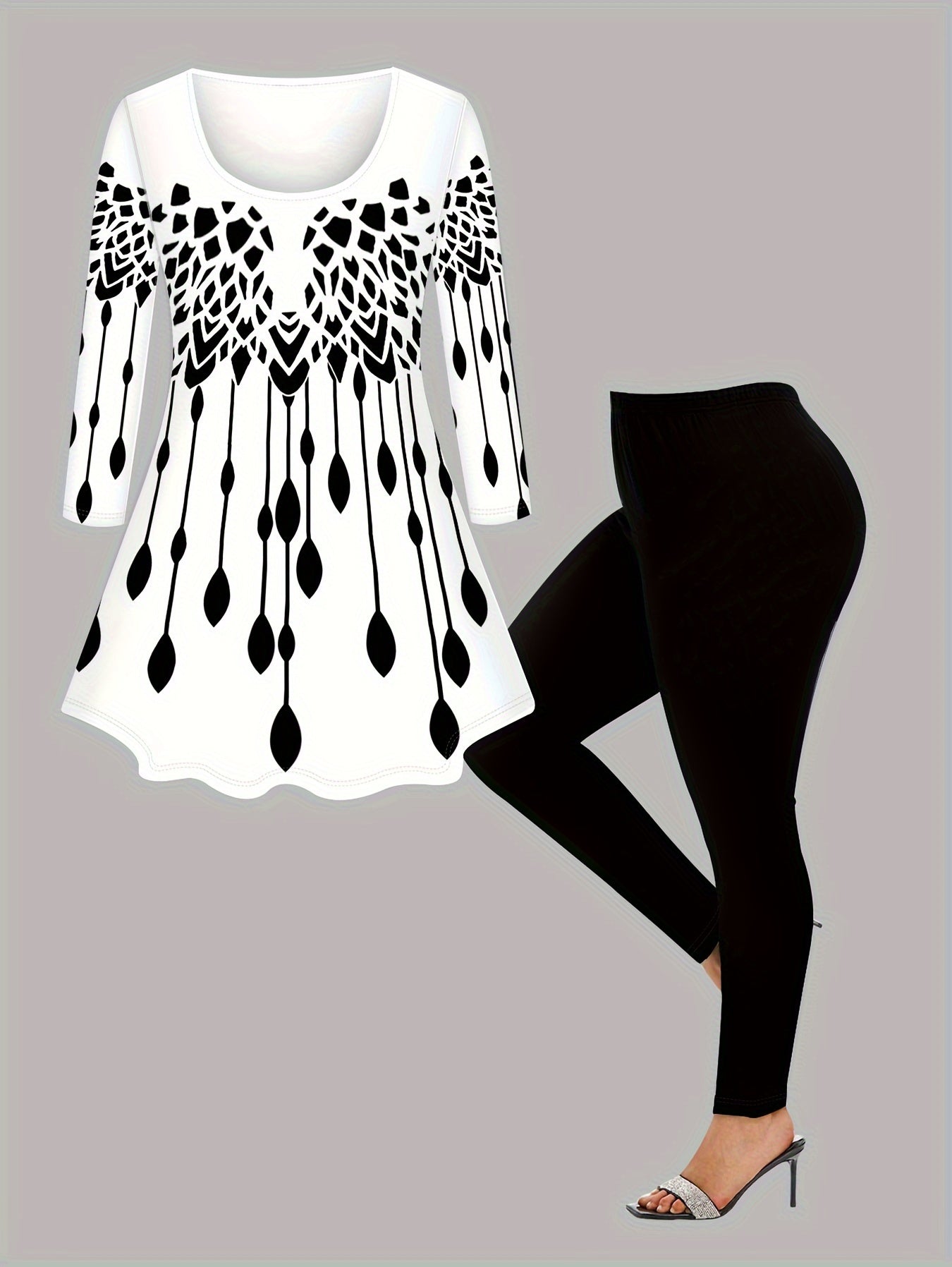 Guy & Dia Plus Size Geometric Print Two-piece Set, Crew Neck Long Sleeve Top & Pants Outfits, Women's Plus Size Clothing