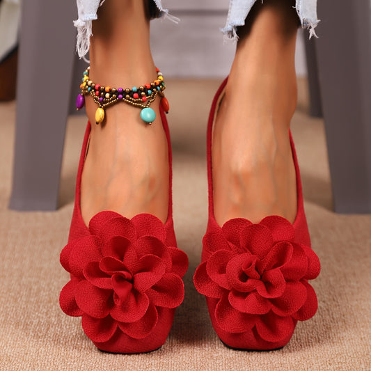 Guy & Dia Women's Plus Size Square Toe Flats - Red Floral Decorated Fabric Shoes with PU Lining & Rubber Sole, Spring Casual Comfortable Flats for Casual Attire