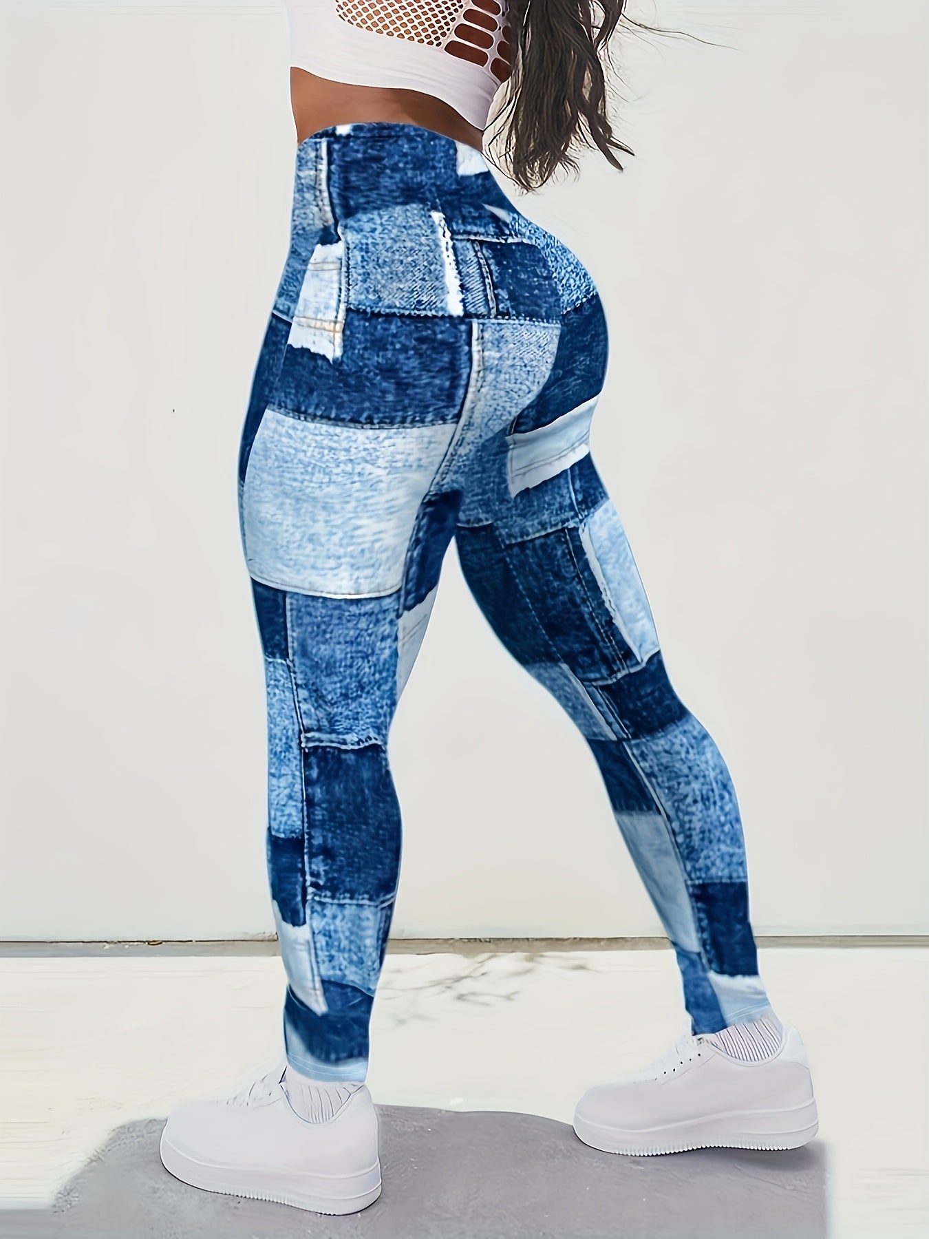 Guy & Dia Women'S Plus Size High-Waist Denim Print Leggings with Patchwork Design - Stretchy & Comfortable Fitness & Training Pants for All Seasons, Casual Wear|Highwaist Design|Stylish Jeans, Plus Size Pants