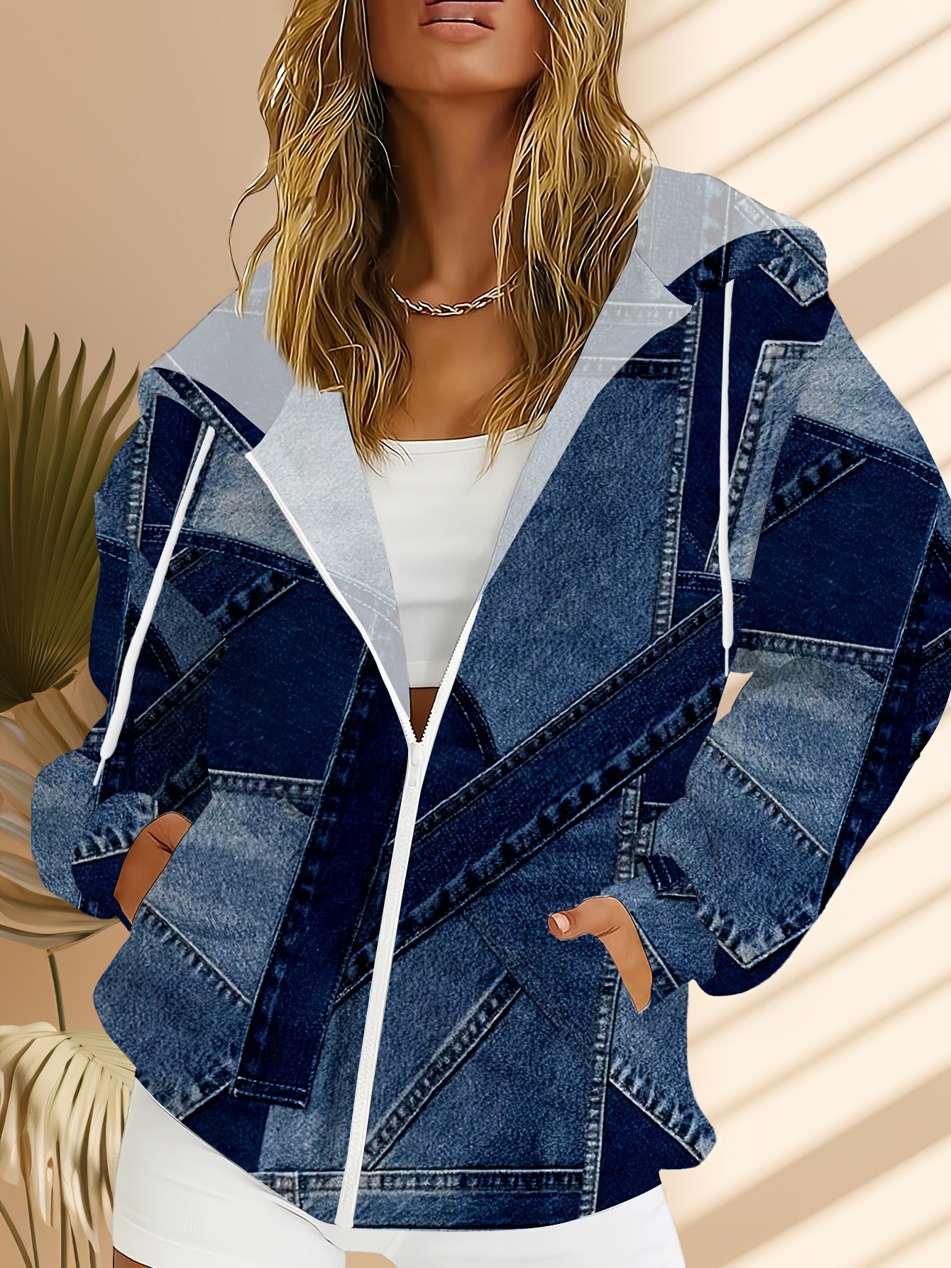 Guy & Dia Women's Plus Size Casual Zip-Up Hoodie - 100% Polyester, Lightweight & Comfortable, Denim Print Pattern, Loose Fit, Spring/Summer/Fall Top, Casual Wear Hoodie | Denim Print Hoodie | Zippered Hoodie