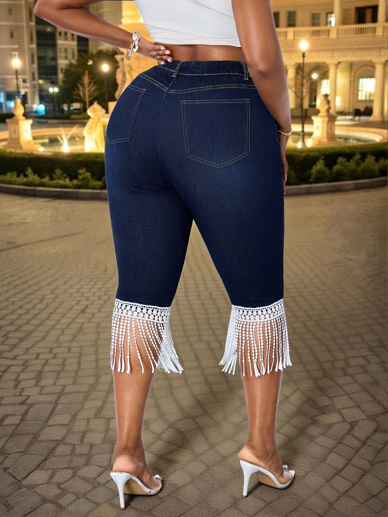 Guy & Dia [Denim Print/Imitation Denim] Women's Plus Size High-Waisted Skinny Capri Pants - Faux Denim Texture & White Lace Fringe Hem, Stretchy Midi Pants with Beltless Design, All-Season Casual to Formal Elegant Trousers for Fall Winter Outfits (Machi