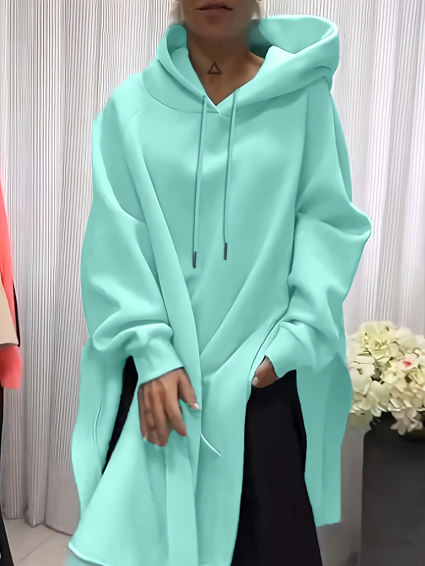 Guy & Dia Women's Turquoise Mint Green Hooded Oversized Sweatsuit - Elegant Long Sleeve Jumpsuit with Side Slit Hem, All-Season Casual to Formal Outfit, Machine Washable Mint Green Sweater Dress, Casual Attire, Lounge Outfit, Durable Construction, Soft