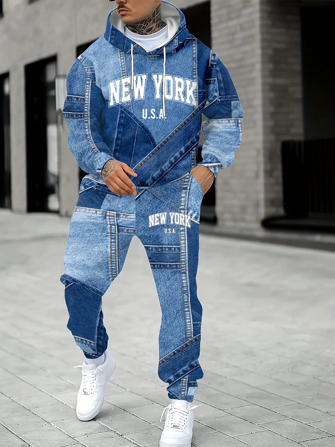 Guy & Dia 2pcs Set Men's Oversized Hoodie & Pants Set - Imitation Denim Patchwork Print (Blue/Denim) Wrinkle-Resistant Polyester, Oversized Jeans-Like Jogger Suit, Machine Washable Casual Streetwear Matching Outfit for Fall Winter Daily Wear, PLUS SIZE
