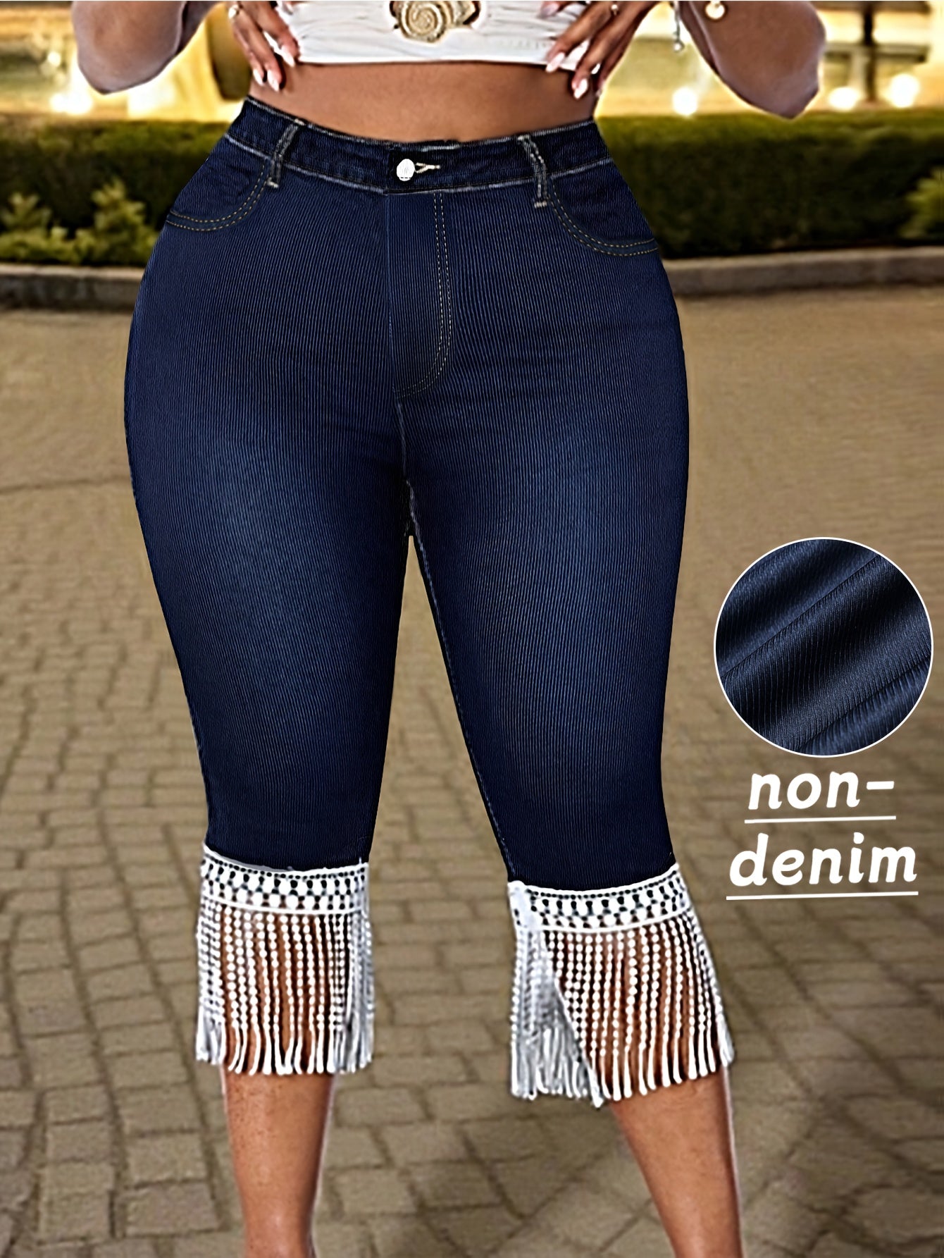 Guy & Dia [Denim Print/Imitation Denim] Women's Plus Size High-Waisted Skinny Capri Pants - Faux Denim Texture & White Lace Fringe Hem, Stretchy Midi Pants with Beltless Design, All-Season Casual to Formal Elegant Trousers for Fall Winter Outfits (Machi