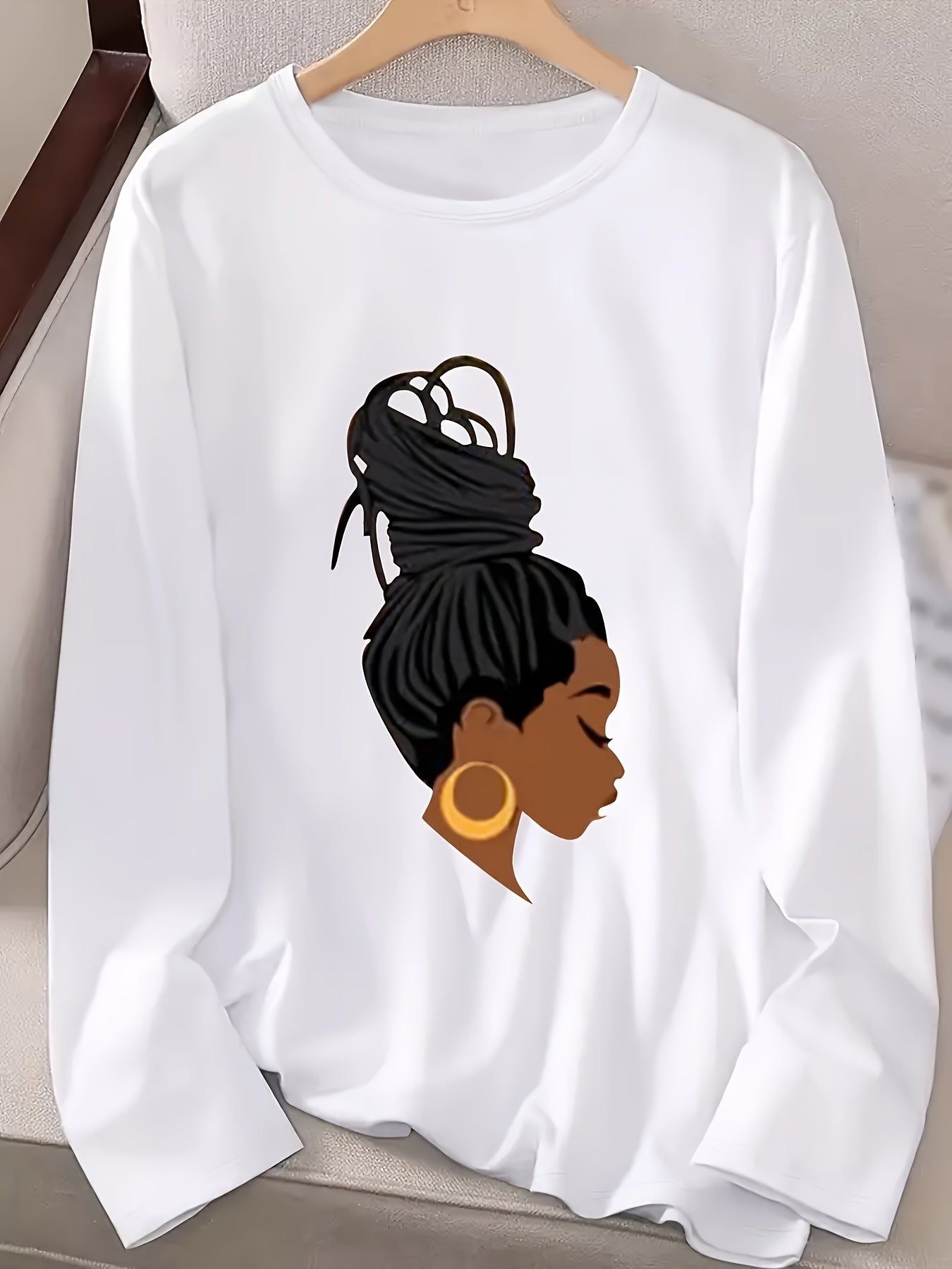 Guy & Dia [Plus Size T-Shirt] Plus Size Long Sleeve Geometric Print T-Shirt | Round Neck Casual Tops For Women | Polyester Blend With Elastane, Spring And Autumn