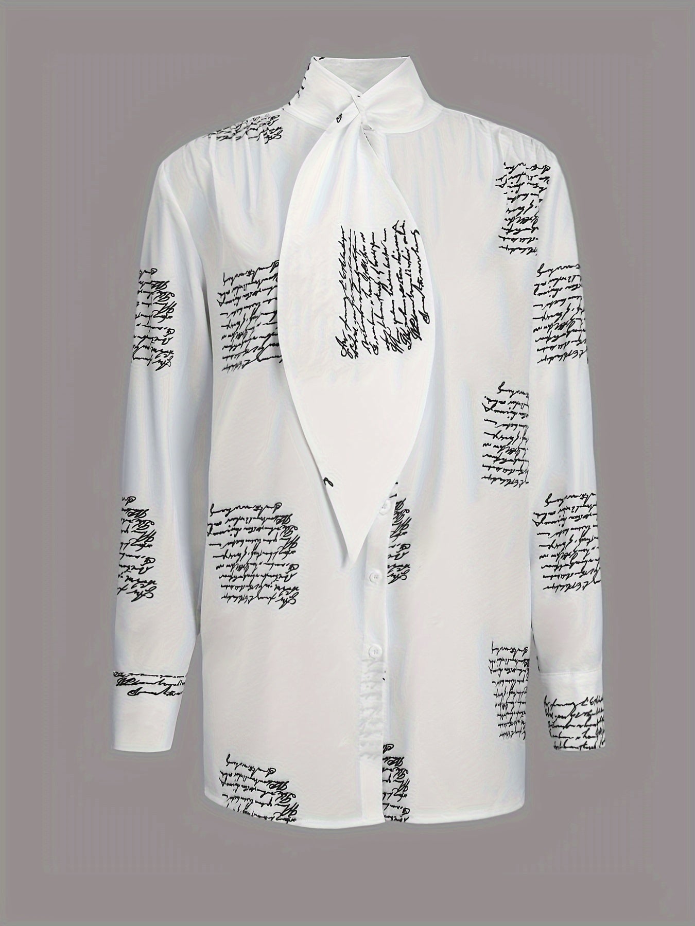 Guy & Dia Chic Polyester Long Sleeve Blouse for Women - Twist-Front, Stand Collar, Unique Letter Print - Perfect for Spring & Summer Fashion, Semiformal Attire