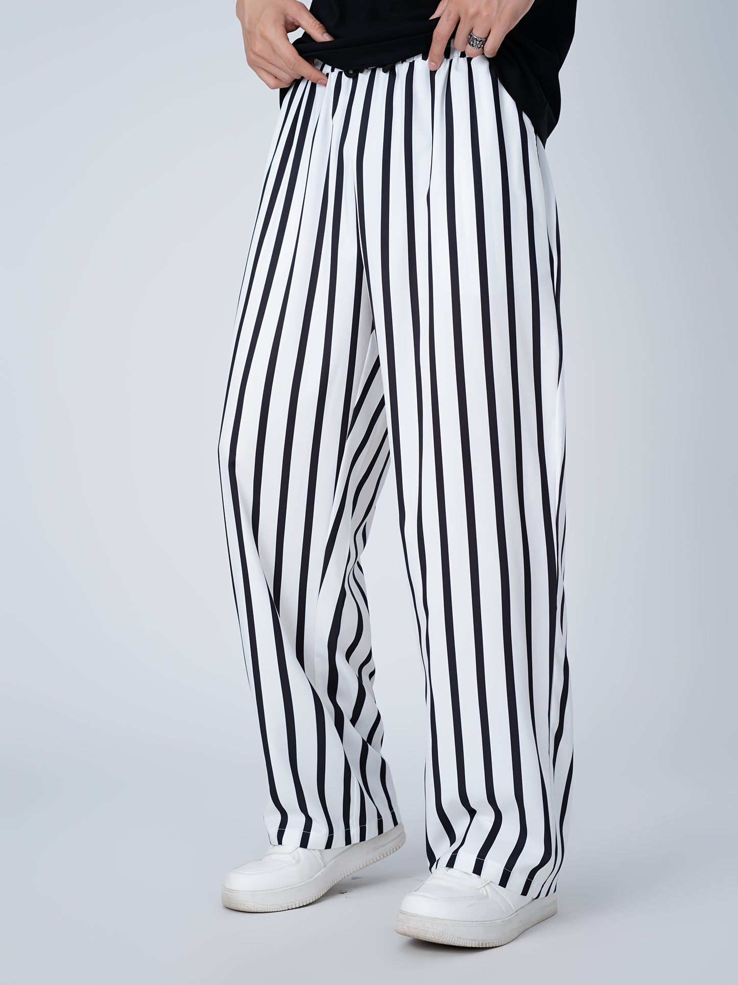 Guy & Dia Plus Size Men's Loose Fit Joggers with Black & White Stripes - Elastic Waistband Casual Sportswear Pants, Machine Washable Non-Stretch Fabric for Gym, Lounge & Casual Attire, Jogging Pants, Gym Apparel, Nontransparent Material