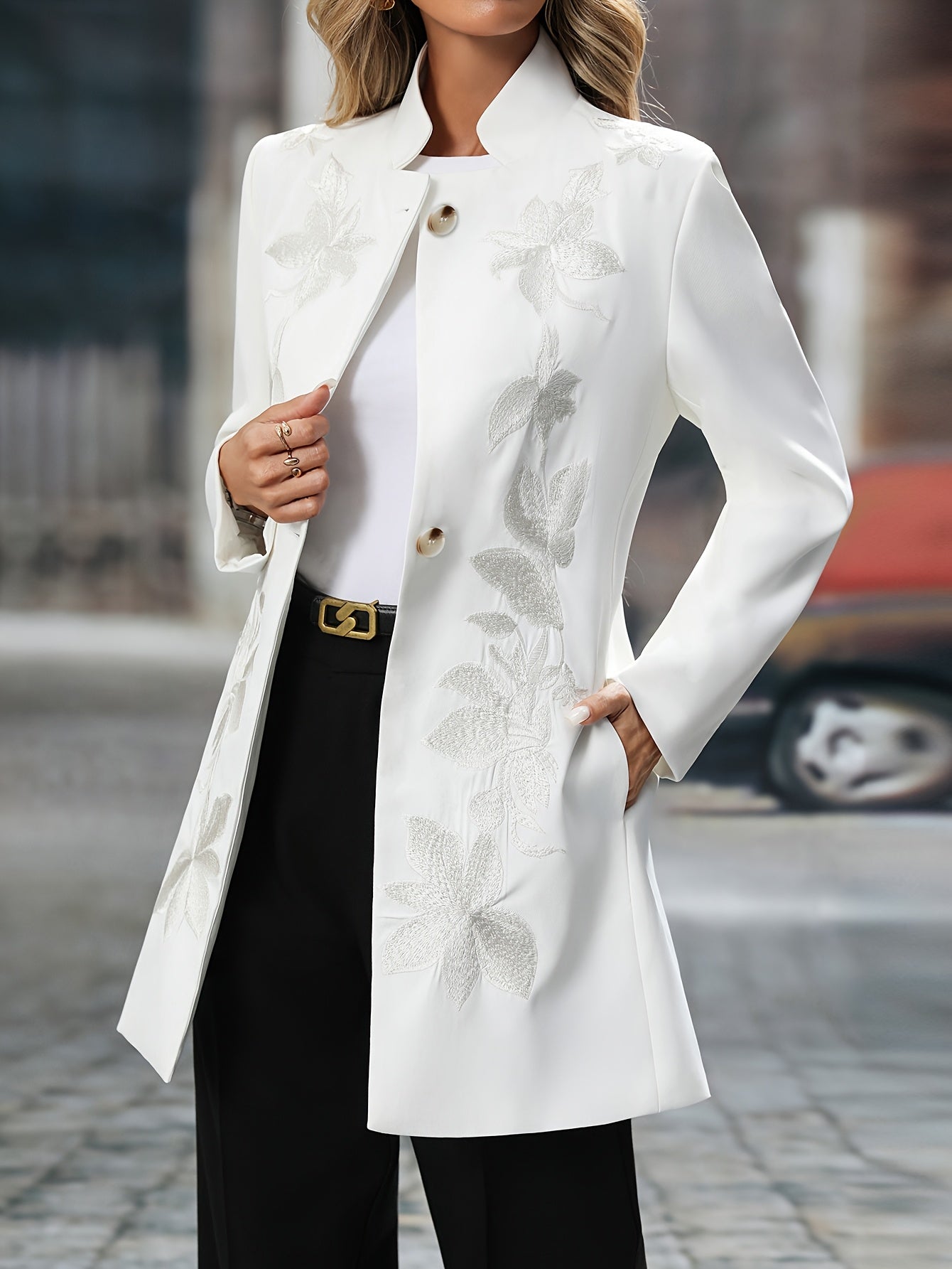Guy & Dia Women's Elegant White Floral-Printed Coat with Stand Collar & Side Pockets - Long Sleeve H-Line Tailored Jacket, Golden-Toned Brocade Buttons, Machine Washable All-Season Outerwear for Casual & Formal Events, Structured Blazer for Women