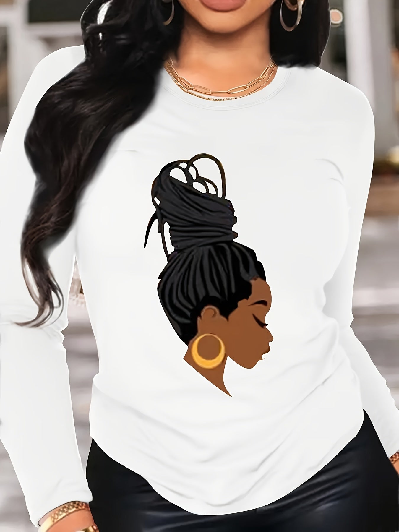 Guy & Dia [Plus Size T-Shirt] Plus Size Long Sleeve Geometric Print T-Shirt | Round Neck Casual Tops For Women | Polyester Blend With Elastane, Spring And Autumn