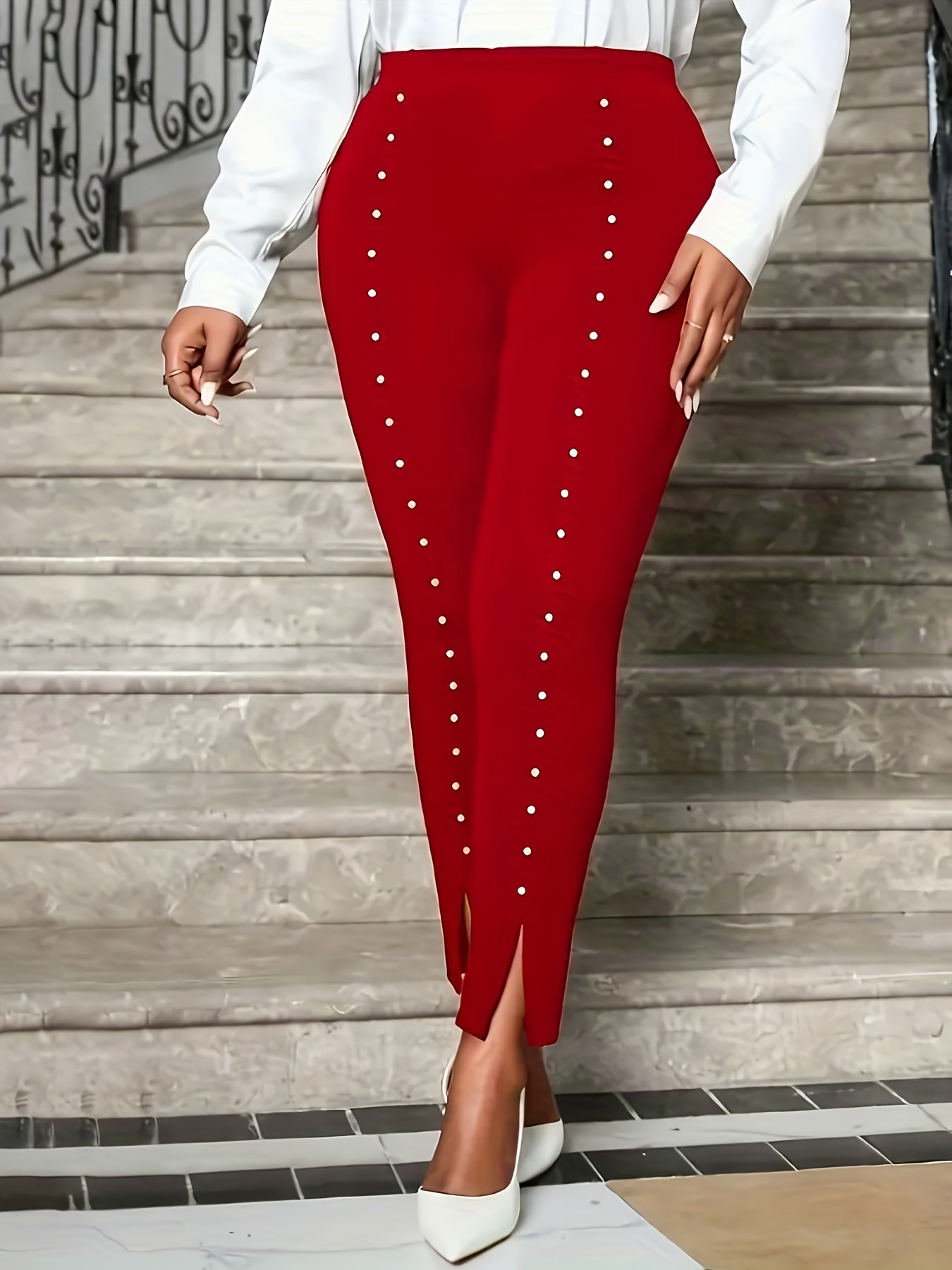 Guy & Dia Women's Elegant Pearl-Embellished Side Slit Tight-Fit Capri Pants - Solid Black Stretchy Mid-Stretch Fabric for Spring Summer Fall Casual Outings, Seasonal Fashion Wear | Highelasticity Fabric, Cute Pants